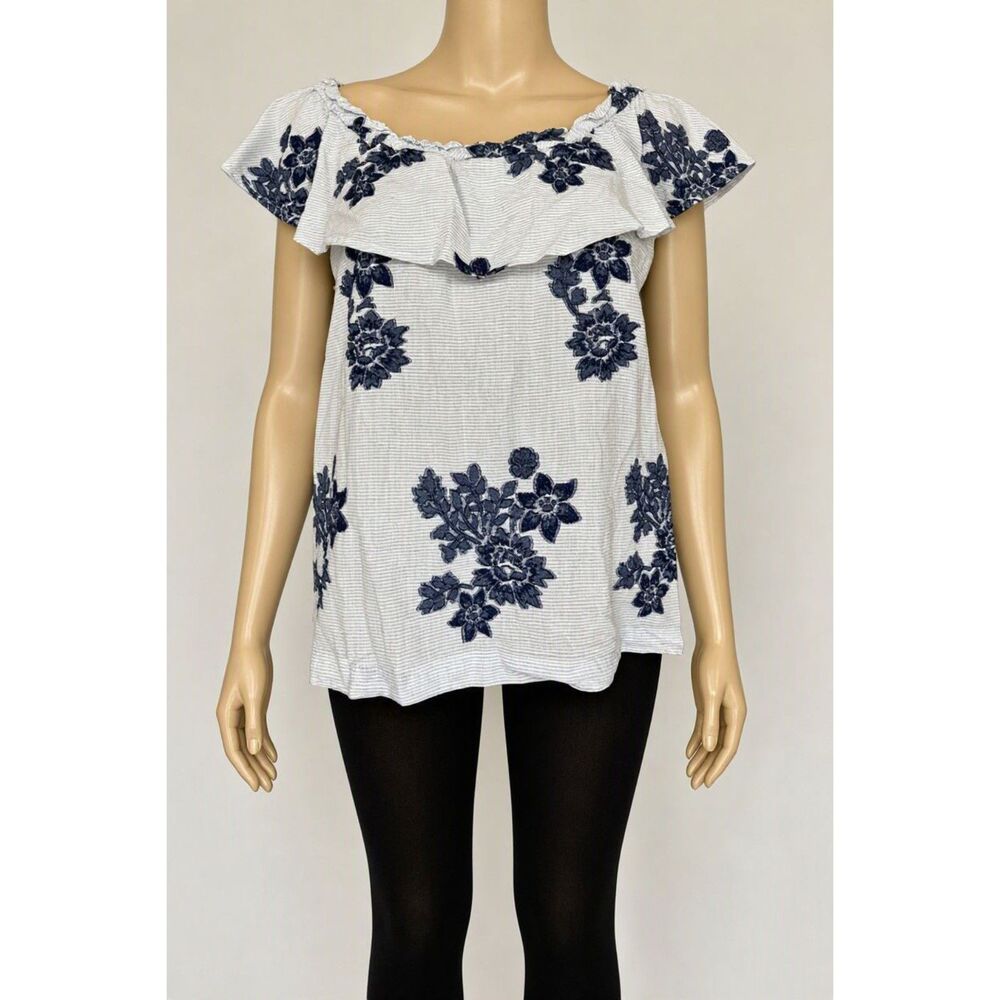 J. Jill Striped Floral Embroidered Ruffled On/Off Shoulder Top XSP